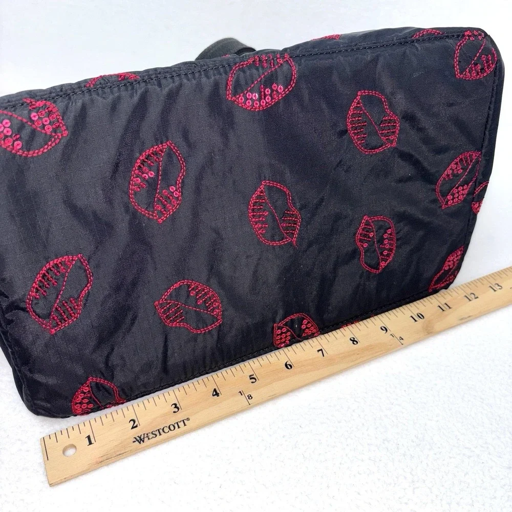 Le Sportsac Sequin Hot Lips Tote & Cosmetic Bag Black Red Pink Lips Nylon RARE